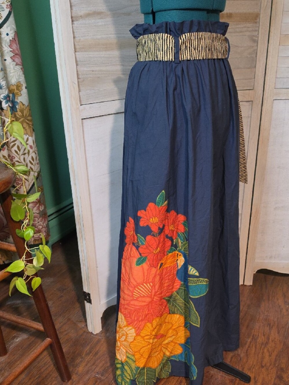 FARM Rio for Anthropologie Navy Tropical Parrot Floral Paperbag Maxi Skirt - Picture 4 of 7